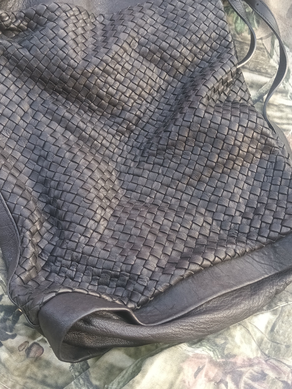Garnet Hill Black Woven Leather Hobo Bag